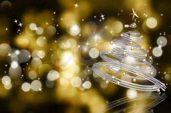 Abstract background of colourful Christmas bokeh lights with a silver spiral tree