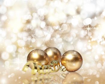 Golden Christmas decorations on a background of bokeh lights and stars