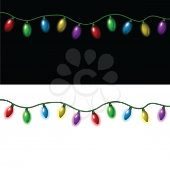 Strings of Christmas lights on a black and white background