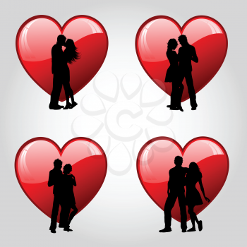 Silhouettes of couples against glossy red hearts