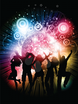 Silhouettes of people dancing on an abstract grunge background with mirror ball