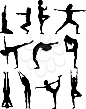 Silhouette of females in various yoga poses