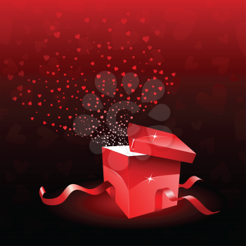 Open gift box with hearts bursting out of it