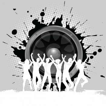 Silhouettes of people dancing on a grunge speaker background