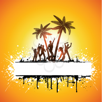 Silhouettes of people dancing on a grunge palm tree background