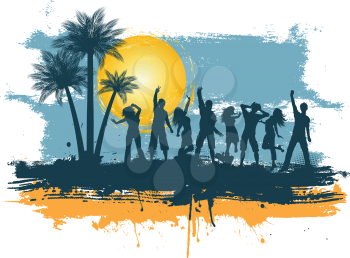 Silhouettes of people dancing on a grunge summer background
