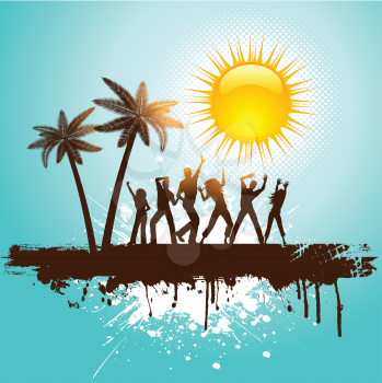 Silhouettes of people dancing on a tropical grunge background
