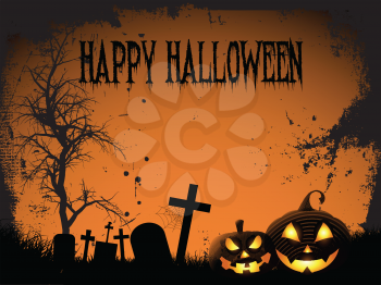Halloween background with spooky pumpkins and graveyard