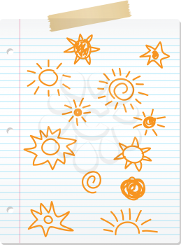 Collection of hand drawn sun doodles on lined paper