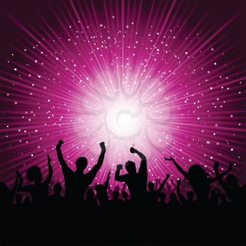 Silhouette of party crowd on a starburst background