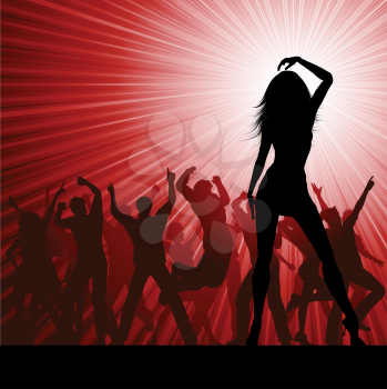 Silhouette of a crowd of party people on a starburst background