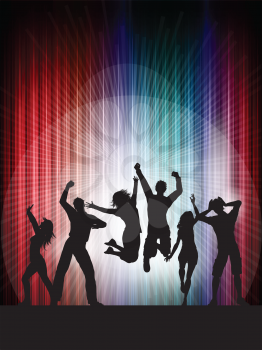 Silhouettes of people dancing on a colourful background
