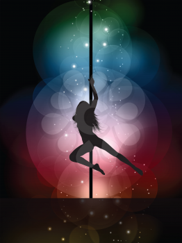 Silhouette of a sexy female pole dancing on a colourful lights background