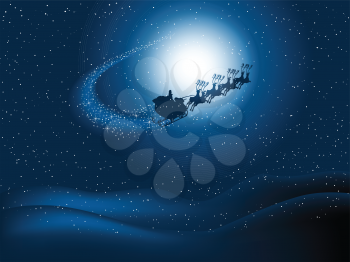 Silhouette of santa flying through the snowy night sky with starry trail