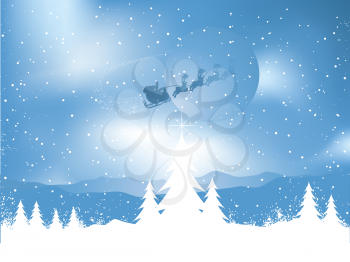 Silhouette of santa flying through the sky over a snowy landscape
