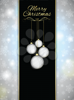 Christmas menu design with hanging baubles and snowflake background