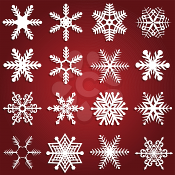 Collection of sixteen different snowflake designs