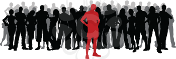 Silhouette of a huge crowd of people with one person standing out in red