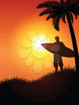 Silhouette of a surfer against a tropical background