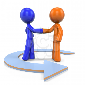 Royalty Free Clipart Image of an Orange and Blue Man Shaking Hand With an Arrow Circling Them