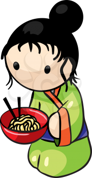 Royalty Free Clipart Image of an Asian Woman With a Bowl of Noodles