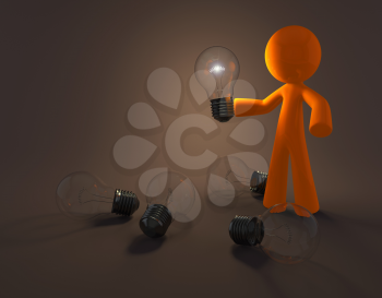 Royalty Free Clipart Image of an Orange Man Holding a Glowing Lightbulb