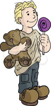 Royalty Free Clipart Image of a Little Boy Holding a Teddy