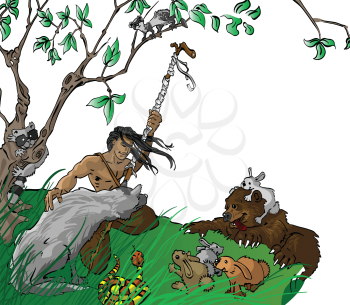 Royalty Free Clipart Image of a Native Surrounded By Animals on a Cliff