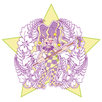 Royalty Free Clipart Image of a Jester In Flowers in Front of a Star