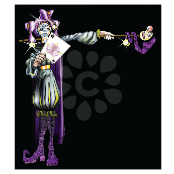 Royalty Free Clipart Image of a Jester Holding a Joker Card