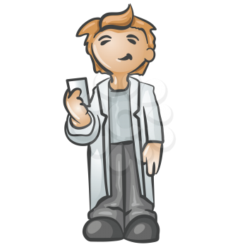 Royalty Free Clipart Image of a Smiling Guy in a Lab Coat Holding a Card 
