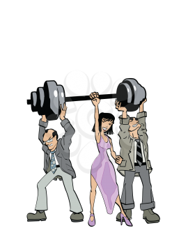 Royalty Free Clipart Image of a Woman Easily Lifting Weights While Men Struggle To Help 