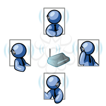 Royalty Free Clipart Image of a Group of Blue Men Talking on Headsets.