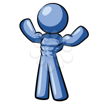 Royalty Free Clipart Image of a Blue Man Flexing His Muscles