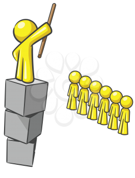 Royalty Free Clipart Image of a Guy Up On Blocks Talking to People