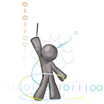 Royalty Free Clipart Image of a Guy With Ones and Zeros Around Him Composing Code Like Music