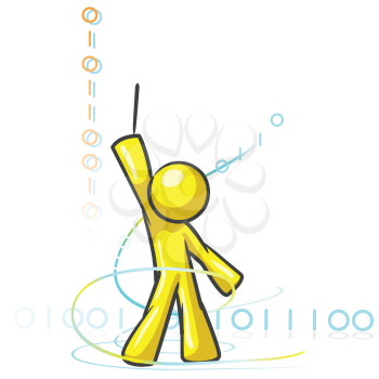 Royalty Free Clipart Image of a Guy With Ones and Zeros Around Him Composing Code Like Music