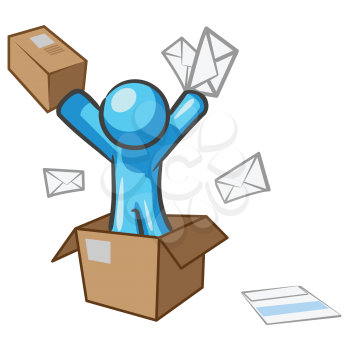 Royalty Free Clipart Image of a Blue Man in a Box Throwing Letters
