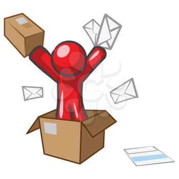Royalty Free Clipart Image of a Red Man in a Box Throwing Letters