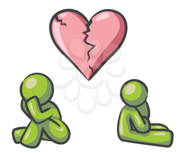Royalty Free Clipart Image of a Green Couple and a Broken Heart