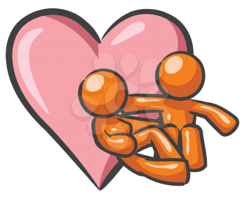Royalty Free Clipart Image of Two Orange People Sitting By a Heart