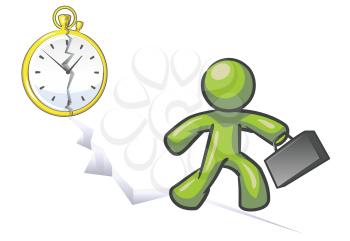 Royalty Free Clipart Image of a Man Running With the Floor Cracking and the Clock Behind