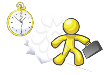 Royalty Free Clipart Image of a Man Running With the Floor Cracking and the Clock Behind