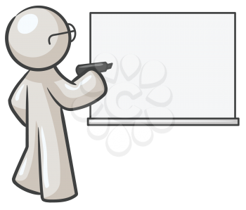 Royalty Free Clipart Image of a Guy Wearing Glasses Standing at a Blackboard