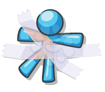 Royalty Free Clipart Image of a Blue Guy Taped Down