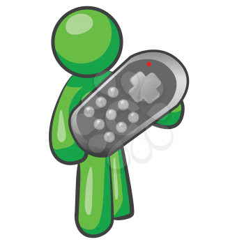 Royalty Free Clipart Image of a Green Man Holding a Remote Control