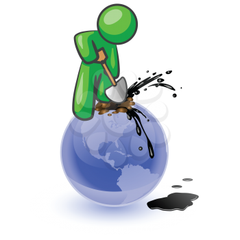 Royalty Free Clipart Image of a Green Man Digging the World For Oil