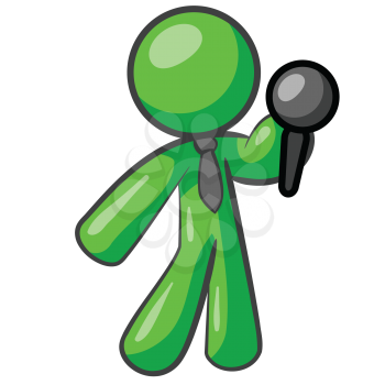 Royalty Free Clipart Image of a Green Man Holding a Microphone