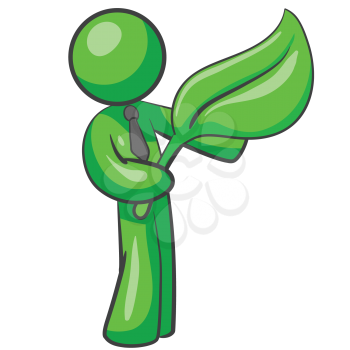 Royalty Free Clipart Image of a Green Man Holding a Green Leaf