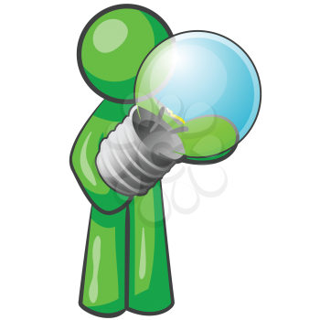Royalty Free Clipart Image of a Green Man Holding a Light Bulb